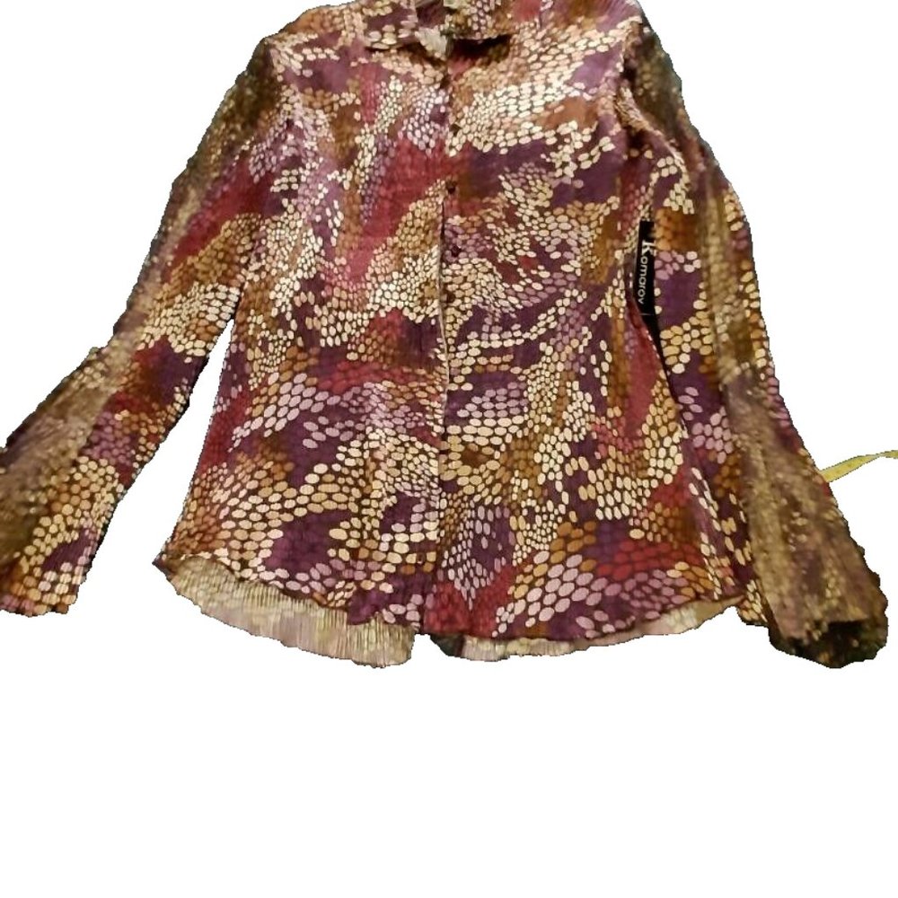 NEW! Komarov WMN Multcolor Fruit Print Crinkle Top Lace Up Back Long Sleeve SzL